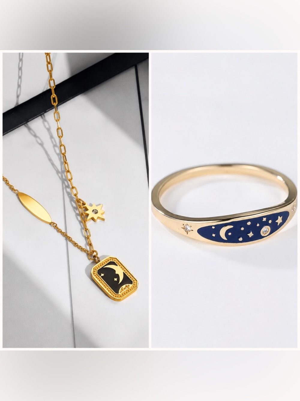Gold-tone Moon & Star Pendant Necklace in Blue Enamel